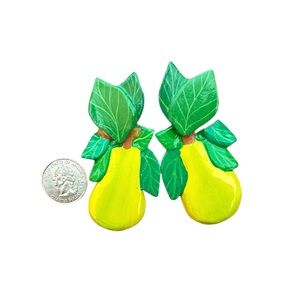 NWT VTG 80s Chunky Hand painted wooden fruit pear earrings